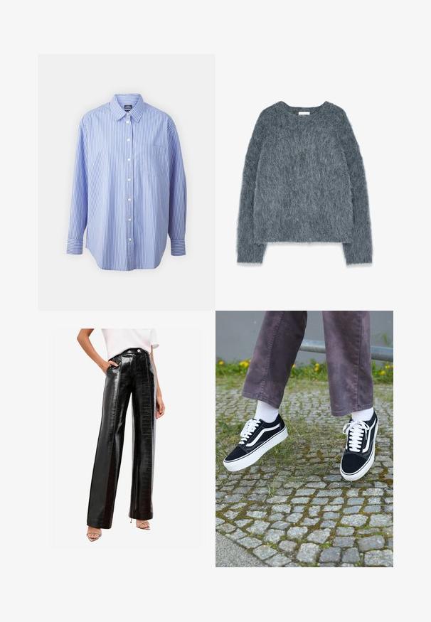Tekstureret grå sweater med løs pasform, lange ærmer og bred halsudskæring. Blødt, fuzzy materiale med en let glans. Ingen fremtrædende mønstre eller accenter.; GAP THE BIG SHIRT - Skjortebluser - blue/white; Sorte høj talje bukser lavet af skinnende kunstlæder, med krokodillemønster, sidelommer og lige ben-design.; Sorte ruskinds sneakers med hvide accenter, med rund tå, tyk hvid sål og klassisk snørebåndsdesign, båret med hvide sokker og lilla bukser.