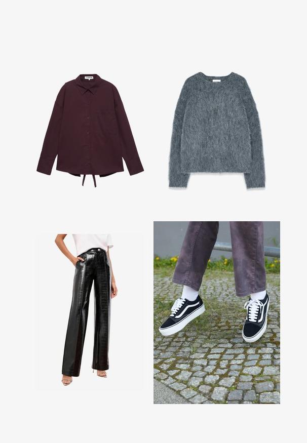 Pull en gris texturé, à coupe ample, avec des manches longues et un large décolleté. Matière douce et duveteuse avec un léger éclat. Pas de motifs ou d'accents marquants.; Chemise boutonnée à manches longues de couleur violet foncé, avec col, poche poitrine et cordons ajustables au bas.; Pantalons noirs taille haute en faux cuir brillant, avec un motif crocodile, des poches latérales et une coupe droite.; Baskets en suède noir avec des accents blancs, présentant un bout rond, une semelle blanche épaisse et un design classique à lacets, portées avec des chaussettes blanches et un pantalon violet.