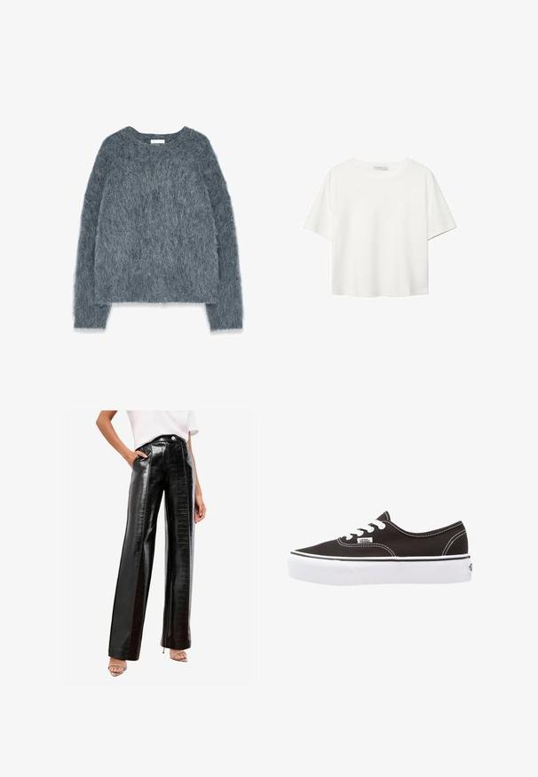 Harmaa teksturoidulla neulella, jossa on löysä istuvuus, pitkät hihat ja leveä pääntie. Pehmeä, pörröinen materiaali, jossa on hieman kiiltoa. Ei näkyviä kuvioita tai koristeita.; Valkoinen lyhythihainen T-paita, joka on tehty puuvillasta. Siinä on pyöreä kaula-aukko ja rento malli. Silkkinen pinta ilman näkyviä kuvioita tai koristeita.; Mustat korkeavyötäröiset housut kiiltävästä tekonahasta, joissa on krokotiilikuosiset pinnat, sivutaskut ja suorat lahkeet.; Vans AUTHENTIC PLATFORM 2.0 - Matalavartiset tennarit - black