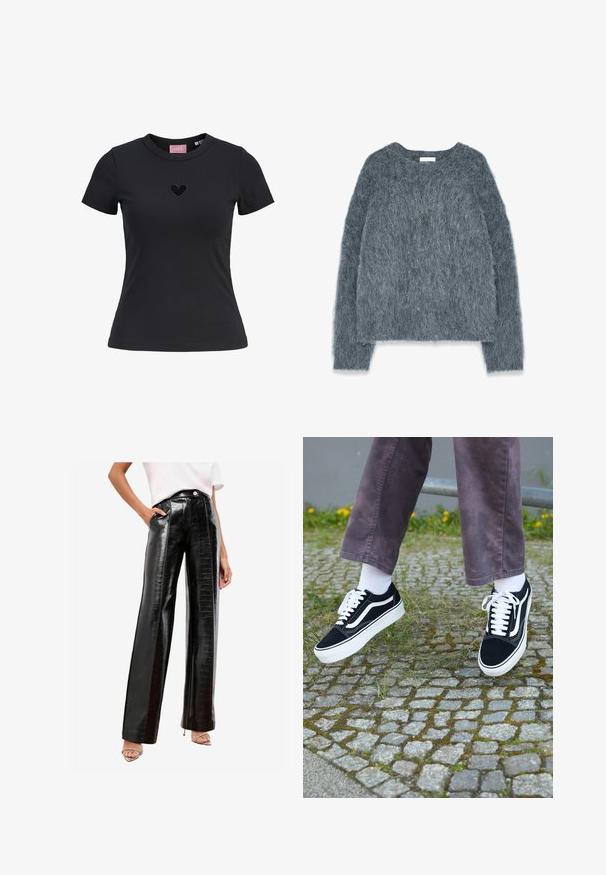 Textúrovaný sivý sveter s voľným strihom, dlhými rukávmi a širokým výstrihom. Mäkkučký, chlpätý materiál s jemným leskom. Žiadne výrazné vzory ani akcenty.; Čierne tričko s krátkym rukávom vyrobené z hladkého materiálu, s malou vyšívanou srdcovou ozdobou na hrudi a okrúhlym výstrihom.; Čierne vyššie nohavice vyrobené z lesklej imitácie kože, s krokodílovým vzorom, bočnými vreckami a rovnými nohavicami.; Čierne semišové tenisky s bielymi akcentmi, s okrúhlou špičkou, hrubou bielou podrážkou a klasickým šnurovacím dizajnom, kombinované s bielymi ponožkami a fialovými nohavicami.