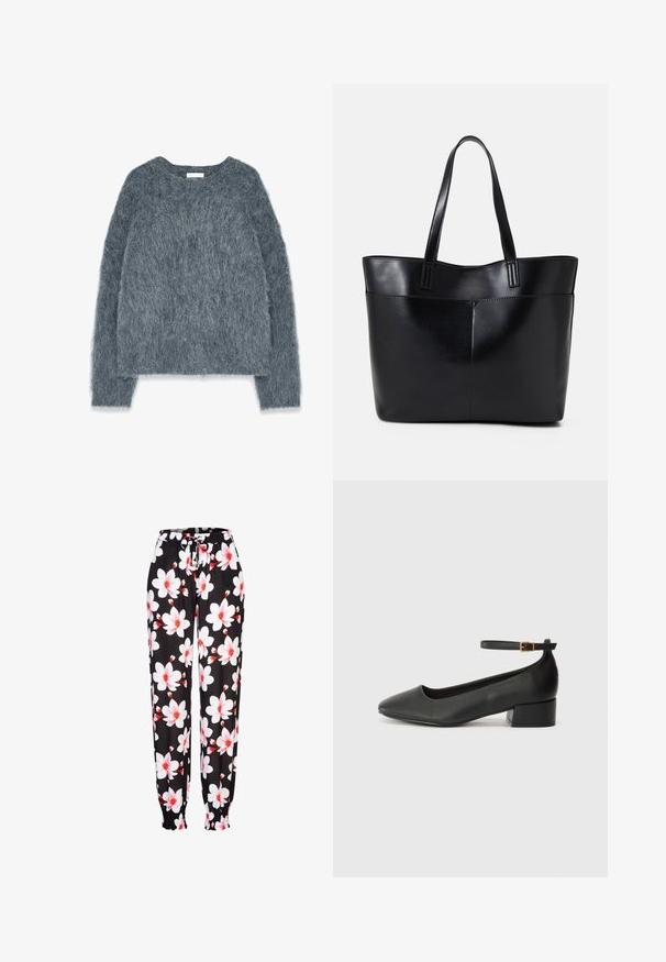 Textured gray sweater with a loose fit, long sleeves, and wide neckline. Soft, fuzzy material with a slight sheen. No prominent patterns or accents.; Black fabric pants with white and red floral pattern, elastic waistband with drawstring, and gathered cuffs. Lightweight material.; Black leather pump with a pointed toe and a low block heel. Features an ankle strap with a gold-tone buckle. Smooth texture.; Black leather tote bag with two long handles, a smooth texture, and a structured shape. Features a front pocket for additional storage.