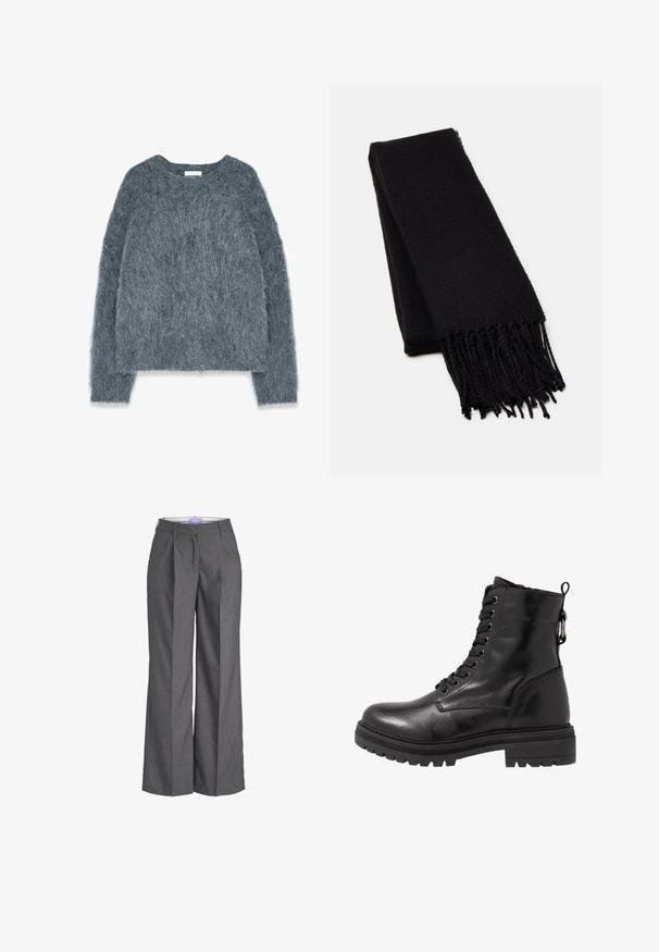 Maglione grigio testurizzato con una vestibilità ampia, maniche lunghe e scollatura larga. Materiale morbido e peloso con una leggera lucentezza. Nessun motivo o accento prominente.; Pantaloni grigi a gamba larga realizzati in un tessuto testurizzato, con un frontale piatto caratterizzato da dettagli plissettati e una vita standard, ideali per abbigliamento formale.; Stivale in pelle nera alla caviglia con punta tonda, chiusura con lacci frontale e suola in gomma testurizzata. Presenta una fettuccia sul retro e cuciture rinforzate.; Sciarpa nera realizzata in un morbido tessuto testurizzato. Presenta bordi sfilacciati e una forma rettangolare, adatta da avvolgere attorno al collo.; Borsa a mano in pelle intrecciata di un profondo bordeaux, forma quadrata con manico arrotondato e superficie con motivo testurizzato. Design minimalista.