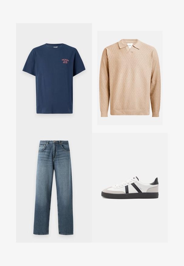 Šviesiai rudos megztos megztinio su tekstūruotu raštu, klasikine apykakle ir raukšlėtomis rankogaliais. Pagamintas iš minkštos, lengvos medžiagos.; Tamsiai mėlynos spalvos medvilninis marškinėliai su apvalia iškirpte, trumpomis rankovėmis ir maža raudona grafika ant kairiojo krūtinės, kurioje parašyta "GYVENIMO KELIONEI EST. 1947."; Tiesi blue džinsai su tiesiomis kojomis, turintys nublukusią apdailą, su penkių kišenių dizainu, metaline saga ir diržo kilpomis. Tvirto vidutinio svorio audinys.; Balti sportbačiai su juodais ir pilkais akcentais, pasižymintys tekstūruotu pilku pirštų dangteliu, juoda gumine padais ir plokščiomis baltomis raišteliais. Švarus dizainas, minimalistinis stilius.