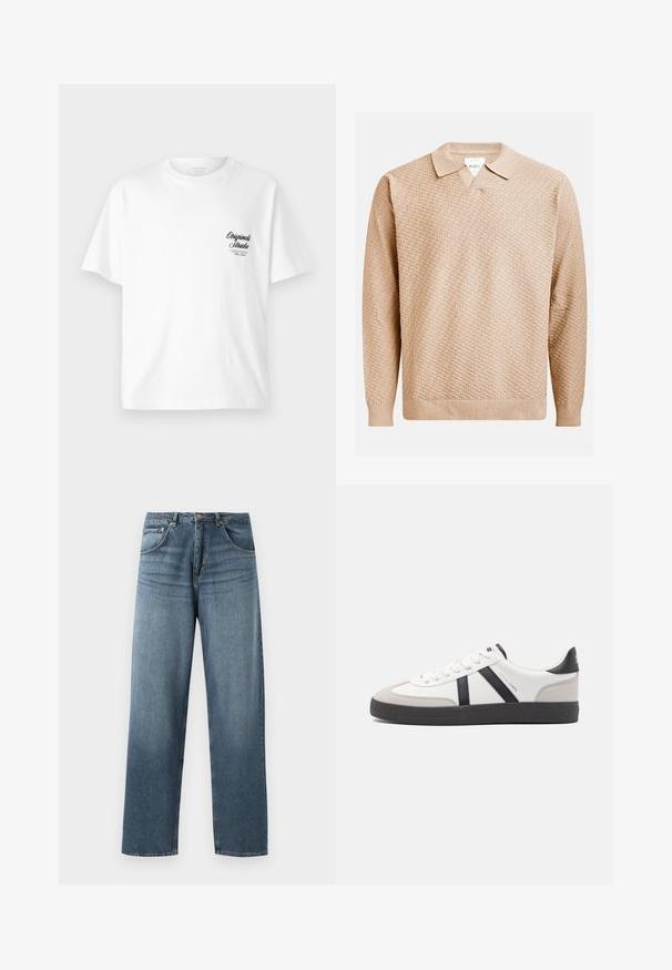 Béžový pletený svetr s texturovaným vzorem, který má klasický límec a žebrované manžety. Vyrobeno z měkkého, lehkého materiálu.; Bílý bavlněný tričko s kulatým výstřihem, krátkými rukávy a černým potiskem loga na levé hrudi, s vintage písmem.; Džíny s rovnými nohavicemi, modré jeansy s vybledlým vzhledem, s pěti kapsami, kovovým knoflíkem a poutky na opasek. Strukturovaná, středně těžká látka.; Bílé tenisky s černými a šedými akcenty, opatřené texturovaným šedým prstovým krytem, černou gumovou podrážkou a plochými bílými tkaničkami. Čistý design, minimalistický styl.