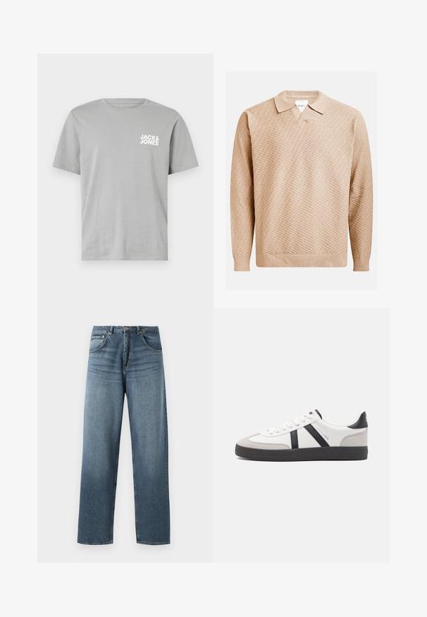 Šviesiai rudos megztos megztinio su tekstūruotu raštu, klasikine apykakle ir raukšlėtomis rankogaliais. Pagamintas iš minkštos, lengvos medžiagos.; Pilkas medvilninis marškinėliai su trumpomis rankovėmis, apvalia iškirpte ir baltu logotipu "JACK & JONES" spausdintu kairėje krūtinės pusėje.; Tiesi blue džinsai su tiesiomis kojomis, turintys nublukusią apdailą, su penkių kišenių dizainu, metaline saga ir diržo kilpomis. Tvirto vidutinio svorio audinys.; Balti sportbačiai su juodais ir pilkais akcentais, pasižymintys tekstūruotu pilku pirštų dangteliu, juoda gumine padais ir plokščiomis baltomis raišteliais. Švarus dizainas, minimalistinis stilius.