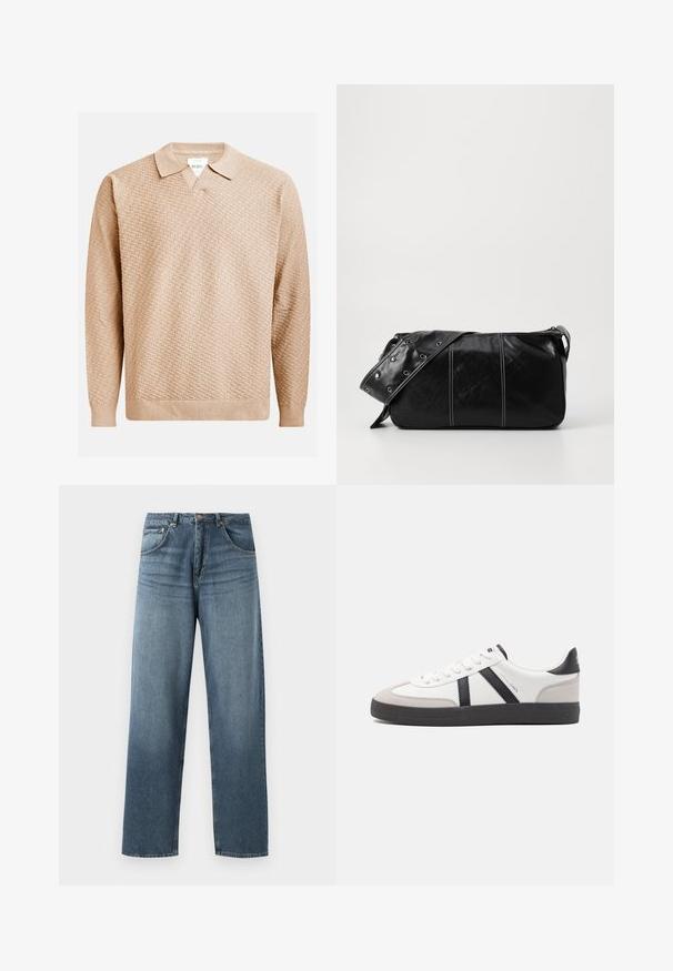 Beige knitted sweater with a textured pattern, featuring a classic collar and ribbed cuffs. Made from soft, lightweight material.; Straight-leg blue denim jeans with a faded wash, featuring five-pocket design, metal button, and belt loops. Structured, medium-weight fabric.; White sneaker with black and gray accents, featuring a textured gray toe cap, black rubber sole, and flat white laces. Clean design, minimalist style.; Black leather shoulder bag with a zip closure, featuring a textured body, white stitching, and a strap with silver grommets.