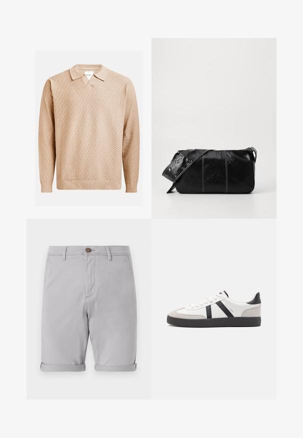 Pull en tricot beige avec un motif texturé, doté d'un col classique et de poignets côtelés. Fabriqué à partir d'un matériau doux et léger.; Shorts en coton gris clair avec ourlets roulés, fermeture à bouton unique sur le devant et poches latérales, présentant une texture lisse et un design ajusté.; Baskets blanches avec des accents noirs et gris, présentant un embout texturé gris, une semelle en caoutchouc noir et des lacets plats blancs. Design épuré, style minimaliste.; Sac à épaule en cuir noir avec une fermeture éclair, doté d'un corps texturé, de coutures blanches et d'une sangle avec des œillets en argent.