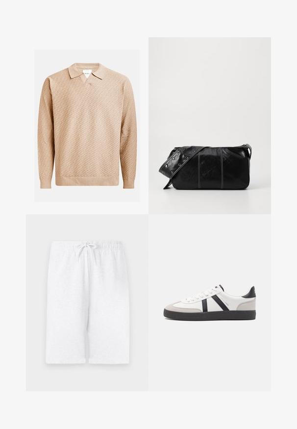 Suéter de punto beige con un patrón texturizado, que presenta un cuello clásico y puños acanalados. Confeccionado en un material suave y ligero.; Pantalones cortos de algodón blanco con cintura elástica y cordón ajustable. Presenta un corte recto y una textura suave. Sin patrones ni acentos.; Zapatilla blanca con acentos en negro y gris, que presenta una puntera texturizada en gris, suela de goma negra y cordones planos blancos. Diseño limpio, estilo minimalista.; Bolso de hombro de cuero negro con cierre de cremallera, que presenta un cuerpo texturizado, costuras blancas y una correa con ojales plateados.