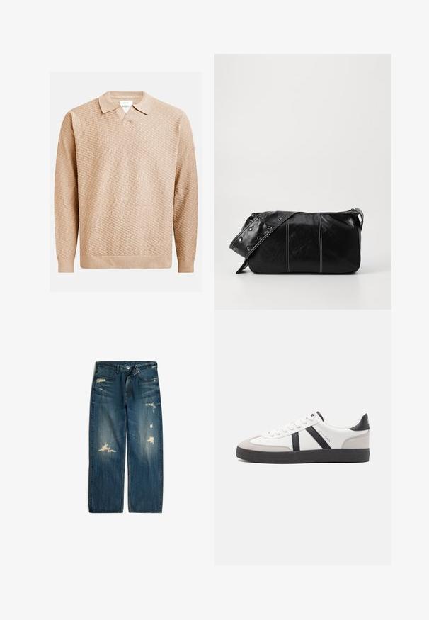 Beige kötött pulóver texturált mintával, klasszikus gallérral és bordázott mandzsettával. Puha, könnyű anyagból készült.; Kék farmernadrág laza szabással, elhasználódott foltokkal, enyhe kopással és gombos zárással a derékon.; Fehér sneaker fekete és szürke részletekkel, textúrált szürke orr résszel, fekete gumitalppal és lapos fehér fűzőkkel. Tiszta dizájn, minimalista stílus.; Fekete bőr válltáska, cipzárral zárva, texturált felülettel, fehér varrással és ezüst fémgyűrűs pánttal.