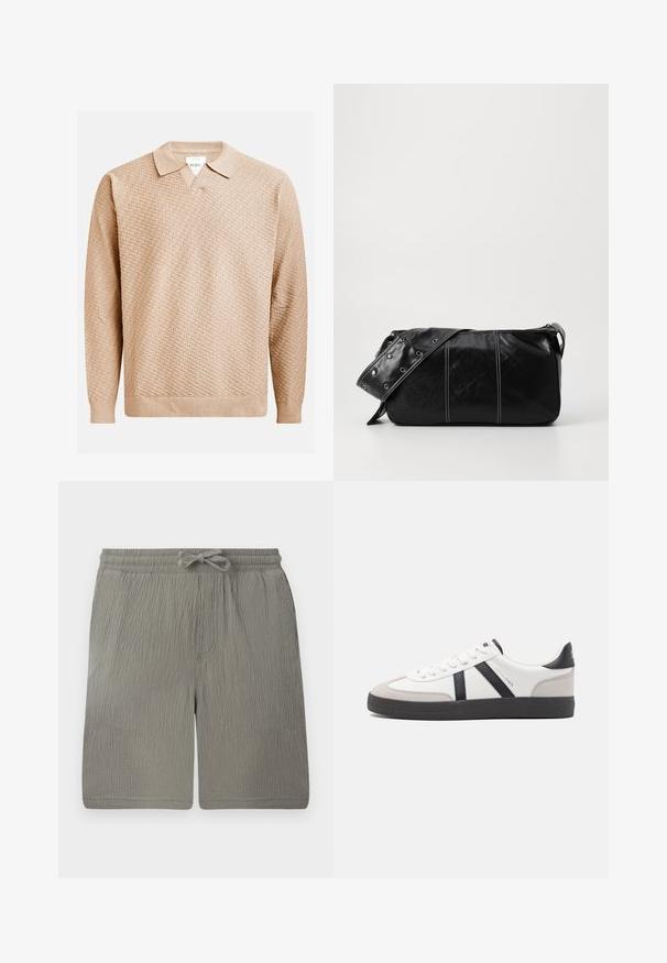 Bežna pletena pulover z teksturiranim vzorcem, ki ima klasičen ovratnik in rebraste manšete. Narejen iz mehke, lahke tkanine.; Svetlo sivi kratki hlače iz teksturiranega blaga. Imajo elastičen pas, vrvico in stranski žep. Preprost, ravno krojen dizajn.; Bela športna obutev z črnimi in sivo akcenti, z teksturirano sivo kapico za prste, črnim gumijastim podplatom in ravnimi belimi vezalkami. Čista zasnova, minimalistični slog.; Črna usnjena torba za ramo z zadrgo, ki ima teksturirano telo, belo šivanje in trak s srebrnimi luknjami.