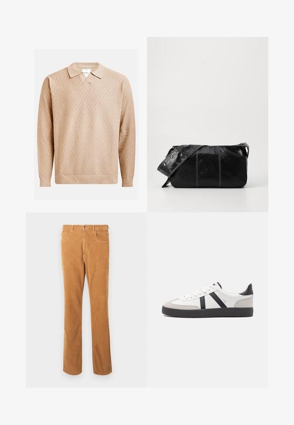 Beige kötött pulóver texturált mintával, klasszikus gallérral és bordázott mandzsettával. Puha, könnyű anyagból készült.; Világosbarna kordbársony nadrág klasszikus öt zsebes fazonban és gombos záróval, síkban bemutatva fehér háttérrel.; Fehér sneaker fekete és szürke részletekkel, textúrált szürke orr résszel, fekete gumitalppal és lapos fehér fűzőkkel. Tiszta dizájn, minimalista stílus.; Fekete bőr válltáska, cipzárral zárva, texturált felülettel, fehér varrással és ezüst fémgyűrűs pánttal.