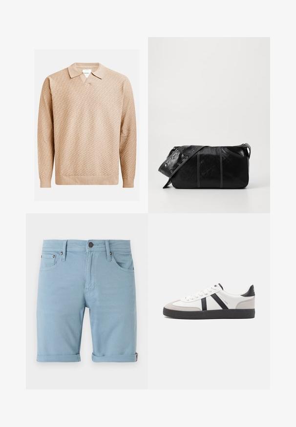 Béžový pletený svetr s texturovaným vzorem, který má klasický límec a žebrované manžety. Vyrobeno z měkkého, lehkého materiálu.; Světle modré džínové šortky s klasickým designem pěti kapes, ohrnutými manžetami, detaily prošití na přední a zadní straně a tmavým zapínáním na knoflík.; Bílé tenisky s černými a šedými akcenty, opatřené texturovaným šedým prstovým krytem, černou gumovou podrážkou a plochými bílými tkaničkami. Čistý design, minimalistický styl.; Černá kožená kabelka přes rameno se zapínáním na zip, s texturovaným tělem, bílým prošíváním a popruhem se stříbrnými očky.