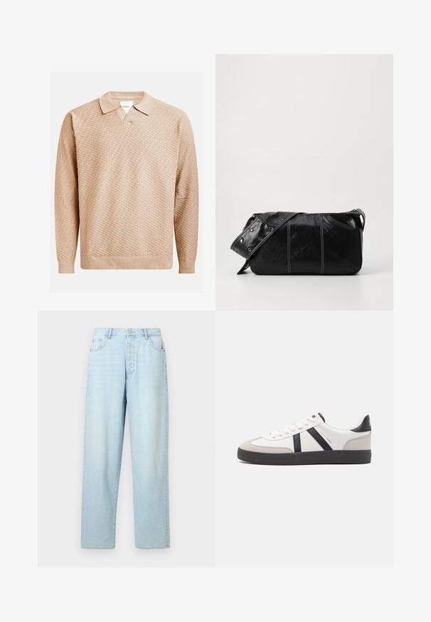 Bežna pletena pulover z teksturiranim vzorcem, ki ima klasičen ovratnik in rebraste manšete. Narejen iz mehke, lahke tkanine.; Svetlo modri, visoki kavbojke z ravnim krojem, narejene iz denima, z več kot petimi žepi in sprednjim zapiranjem na gumb.; Bela športna obutev z črnimi in sivo akcenti, z teksturirano sivo kapico za prste, črnim gumijastim podplatom in ravnimi belimi vezalkami. Čista zasnova, minimalistični slog.; Črna usnjena torba za ramo z zadrgo, ki ima teksturirano telo, belo šivanje in trak s srebrnimi luknjami.