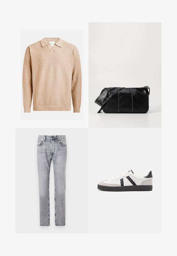 Bēša adīta džemperis ar teksturētu rakstu, kuram ir klasiskā apkakle un ribotās piedurknes. Izgatavots no mīksta, viegla materiāla.; Pelēkie denima džinsi ir ar taisnu piegriezumu, piecām kabatām un maigi izbalējušiem akcentiem. Metāla poga un rāvējslēdzējs priekšpusē.; Baltas sneakeris ar melniem un pelēkiem akcentiem, kuram ir teksturēts pelēks purngals, melna gumijas zole un plakanas baltas šņores. Tīrs dizains, minimālisma stils.; Melnas ādas plecu soma ar rāvējslēdzēja aizdari, ar teksturētu virsmu, baltu dūrienu un siksnu ar sudraba iekavām.