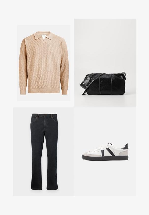 Beesvärviline kudumisjakker, millel on tekstuuriline muster, klassikaline krae ja ribadest mansetid. Valmistatud pehmest ja kergest materjalist.; Tumed sinised teksad otse lõikega, viie tasku, kontrastõmblustega ja kerge laiekus allservas.; Valged tossud mustade ja hallide aktsentidega, tekstureeritud halli varbakattega, musta kummitald ja lamedad valged paelad. Puhtad jooned, minimalistlik stiil.; Must mustra nahkainine õlakott, millel on tõmblukk, tekstureeritud pind, valged õmblused ja rihm hõbedaste rõngastega.