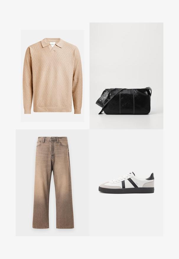 Beige strikket genser med et strukturert mønster, med klassisk krage og ribbestrikkede mansjetter. Laget av mykt, lett materiale.; Bredde benjeans i en gradient brun vask, med klassisk fem-lomme-design, beltehemper og kontrastsøm på en glatt denimtekstur.; Hvite sneakers med svarte og grå detaljer, med en teksturert grå tåhette, svart gummisåle, og flate hvite lisser. Rent design, minimalistisk stil.; Svart lær skulderveske med glidelås, med teksturert overflate, hvite sømmer og en stropp med sølvringer.