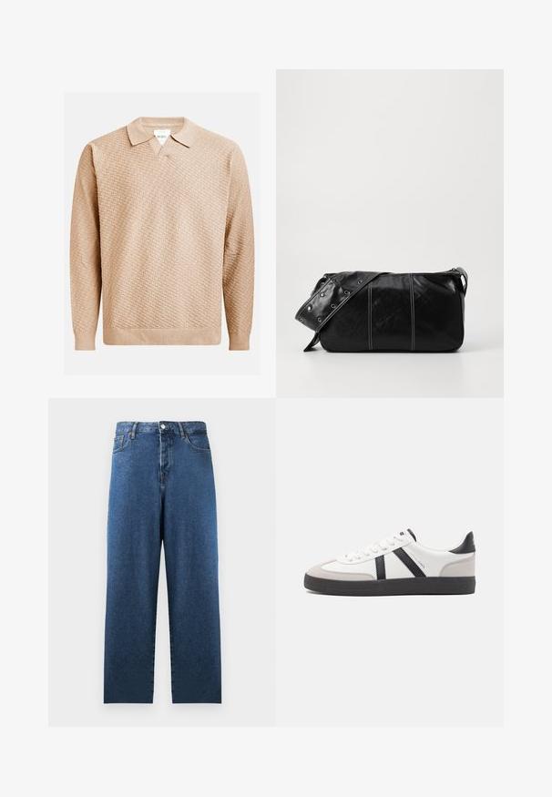Pull en tricot beige avec un motif texturé, doté d'un col classique et de poignets côtelés. Fabriqué à partir d'un matériau doux et léger.; Jean en denim bleu avec une coupe droite, taille haute et deux poches avant. Comprend des détails de couture classiques et une fermeture à bouton.; Baskets blanches avec des accents noirs et gris, présentant un embout texturé gris, une semelle en caoutchouc noir et des lacets plats blancs. Design épuré, style minimaliste.; Sac à épaule en cuir noir avec une fermeture éclair, doté d'un corps texturé, de coutures blanches et d'une sangle avec des œillets en argent.
