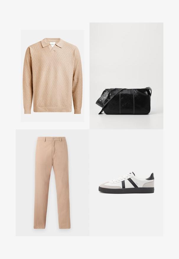 Bežikani pulover s teksturiranim uzorkom, s klasičnim ovratnikom i rebrastim manžetama. Izrađen od mekanog, laganog materijala.; Bež hlače ravnog kroja od pamučne tkanine. Sadrži dugme za zatvaranje i petlje za remen. Glatka tekstura s minimalističkim dizajnom.; Bijele tenisice s crnim i sivim detaljima, s teksturiranim sivim zaštitnikom prstiju, crnim gumene potplate i ravnim bijelim vezicama. Čist dizajn, minimalistički stil.; Crna kožna torba preko ramena s zatvaranjem na patentni zatvarač, s teksturiranim tijelom, bijelim šavovima i remenom sa srebrnim okovima.