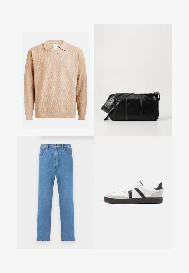 Šviesiai rudos megztos megztinio su tekstūruotu raštu, klasikine apykakle ir raukšlėtomis rankogaliais. Pagamintas iš minkštos, lengvos medžiagos.; Šviesiai mėlyno džinsinio audinio kelnės su tiesiomis kojomis, klasikinio penkių kišenių stiliumi ir diržo kilpomis ties liemeniu.; Balti sportbačiai su juodais ir pilkais akcentais, pasižymintys tekstūruotu pilku pirštų dangteliu, juoda gumine padais ir plokščiomis baltomis raišteliais. Švarus dizainas, minimalistinis stilius.; Juodas odinis pečių krepšys su užtrauktuku, turintis tekstūruotą paviršių, baltą siuvinėjimą ir dirželį su sidabinėmis metalinėmis detalėmis.