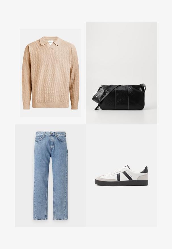 Beesvärviline kudumisjakker, millel on tekstuuriline muster, klassikaline krae ja ribadest mansetid. Valmistatud pehmest ja kergest materjalist.; Heledad sinine denim, laia lõikega, sirge sääre disain, viis taskut ja nähtavad õmblemise detailid õmblustes.; Valged tossud mustade ja hallide aktsentidega, tekstureeritud halli varbakattega, musta kummitald ja lamedad valged paelad. Puhtad jooned, minimalistlik stiil.; Must mustra nahkainine õlakott, millel on tõmblukk, tekstureeritud pind, valged õmblused ja rihm hõbedaste rõngastega.