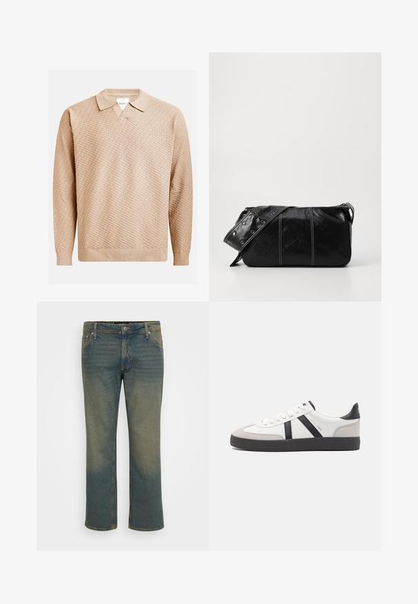 Pulover tricotat bej cu un model texturat, având un guler clasic și manșete elasticizate. Fabricat dintr-un material moale și ușor.; Jeans din denim de culoare albastră estompată, cu croială dreaptă, închidere cu nasture din alamă, cinci buzunare și detalii subtile de decolorare.; Sneaker alb cu accente negre și gri, având un capac de vârf gri texturat, talpă din cauciuc negru și șireturi plate albe. Design elegant, stil minimalist.; Geantă de umăr din piele neagră cu închidere cu fermoar, având un corp texturat, cusături albe și o curea cu ochiuri argintii.