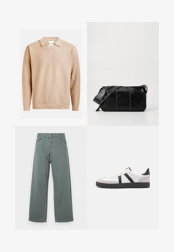 Bēša adīta džemperis ar teksturētu rakstu, kuram ir klasiskā apkakle un ribotās piedurknes. Izgatavots no mīksta, viegla materiāla.; Platas kājas bikses no mierīgas zaļas kokvilnas, ar klasisku jostasvietu, jostu cilpām, priekšējām kabatām un kontrastējošiem šuvju elementiem.; Baltas sneakeris ar melniem un pelēkiem akcentiem, kuram ir teksturēts pelēks purngals, melna gumijas zole un plakanas baltas šņores. Tīrs dizains, minimālisma stils.; Melnas ādas plecu soma ar rāvējslēdzēja aizdari, ar teksturētu virsmu, baltu dūrienu un siksnu ar sudraba iekavām.