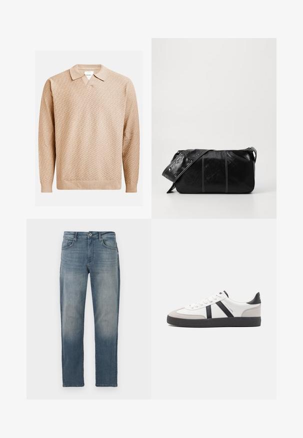 Beige knitted sweater with a textured pattern, featuring a classic collar and ribbed cuffs. Made from soft, lightweight material.; Light blue denim jeans with a straight cut, five-pocket design, metal button closure, and subtle fading on the front.; White sneaker with black and gray accents, featuring a textured gray toe cap, black rubber sole, and flat white laces. Clean design, minimalist style.; Black leather shoulder bag with a zip closure, featuring a textured body, white stitching, and a strap with silver grommets.