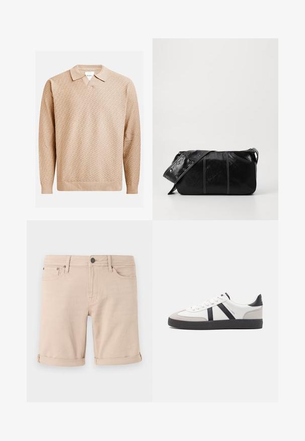 Beige knitted sweater with a textured pattern, featuring a classic collar and ribbed cuffs. Made from soft, lightweight material.; Beige denim shorts with a straight cut, featuring rolled cuffs, two front pockets, and a small back pocket. Made from sturdy fabric.; White sneaker with black and gray accents, featuring a textured gray toe cap, black rubber sole, and flat white laces. Clean design, minimalist style.; Black leather shoulder bag with a zip closure, featuring a textured body, white stitching, and a strap with silver grommets.