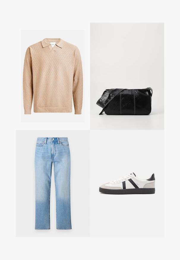 Bežna pletena pulover z teksturiranim vzorcem, ki ima klasičen ovratnik in rebraste manšete. Narejen iz mehke, lahke tkanine.; Svjetloplave traperice s ravnim nogavicama, s istaknutim izblijedjelim pranjem, standardnim stilom s pet džepova i klasičnim zatvaranjem na dugme.; Bela športna obutev z črnimi in sivo akcenti, z teksturirano sivo kapico za prste, črnim gumijastim podplatom in ravnimi belimi vezalkami. Čista zasnova, minimalistični slog.; Črna usnjena torba za ramo z zadrgo, ki ima teksturirano telo, belo šivanje in trak s srebrnimi luknjami.