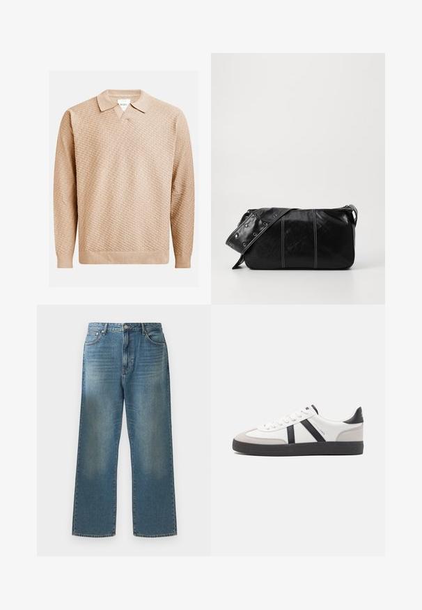 Béžový pletený sveter s textúrovaným vzorom, s klasickým golierom a rebrovanými manžetami. Vyrobený z jemného, ľahkého materiálu.; Modré džíny zošívané s širokým strihom, s bledým umytím, klasickým päť-vreckovým dizajnom a kovovou gombíkovou sponou v páse.; Biele tenisky s čiernymi a šedými akcentmi, s textúrovanou šedou špičkou, čiernou gumovou podrážkou a plochými bielymi šnúrkami. Čistý dizajn, minimalistický štýl.; Čierna kožená kabelka cez plece so zipsovým uzáverom, so štruktúrovaným telom, bielym prešívaním a popruhom so striebornými očkami.