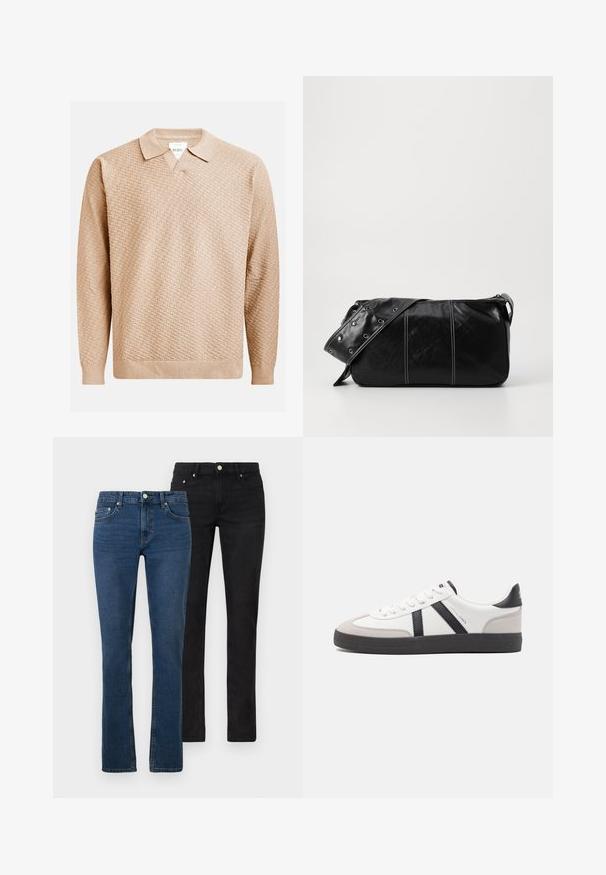 Béžový pletený sveter s textúrovaným vzorom, s klasickým golierom a rebrovanými manžetami. Vyrobený z jemného, ľahkého materiálu.; Dva páry džínsov: jedny svetlo modré a jedny čierne. Obe sú rovného strihu, vyrobené z denimu, s prednými vreckami a kovovými gombíkmi.; Biele tenisky s čiernymi a šedými akcentmi, s textúrovanou šedou špičkou, čiernou gumovou podrážkou a plochými bielymi šnúrkami. Čistý dizajn, minimalistický štýl.; Čierna kožená kabelka cez plece so zipsovým uzáverom, so štruktúrovaným telom, bielym prešívaním a popruhom so striebornými očkami.