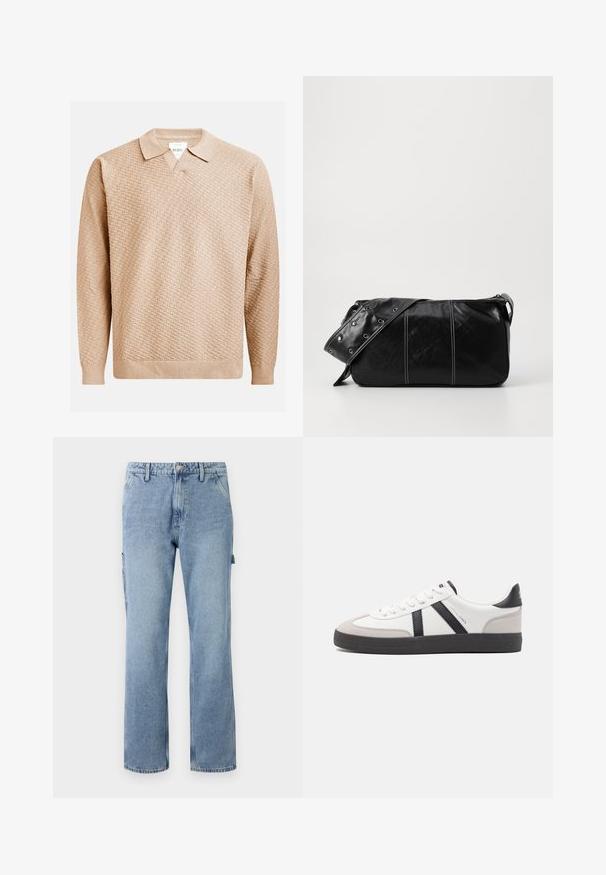 Suéter de punto beige con un patrón texturizado, que presenta un cuello clásico y puños acanalados. Confeccionado en un material suave y ligero.; Pantalones cargo de mezclilla azul claro con piernas rectas, cinco bolsillos y cierre de botón. Presentan bolsillos laterales y un ajuste casual y relajado.; Zapatilla blanca con acentos en negro y gris, que presenta una puntera texturizada en gris, suela de goma negra y cordones planos blancos. Diseño limpio, estilo minimalista.; Bolso de hombro de cuero negro con cierre de cremallera, que presenta un cuerpo texturizado, costuras blancas y una correa con ojales plateados.