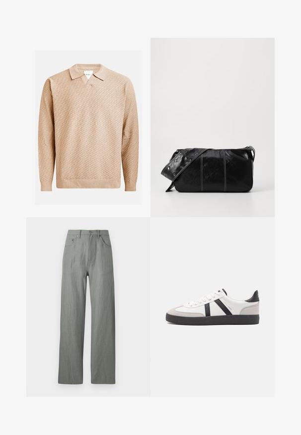 Bēša adīta džemperis ar teksturētu rakstu, kuram ir klasiskā apkakle un ribotās piedurknes. Izgatavots no mīksta, viegla materiāla.; Gai zaļi, platā kājā izgatavoti bikses no mīksta, teksturēta auduma. Iezīmes ietver priekšējo pogu aizdari un piecas kabatas.; Baltas sneakeris ar melniem un pelēkiem akcentiem, kuram ir teksturēts pelēks purngals, melna gumijas zole un plakanas baltas šņores. Tīrs dizains, minimālisma stils.; Melnas ādas plecu soma ar rāvējslēdzēja aizdari, ar teksturētu virsmu, baltu dūrienu un siksnu ar sudraba iekavām.