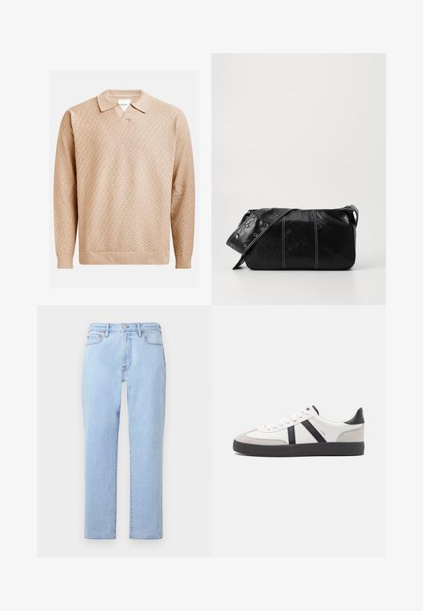 Šviesiai rudos megztos megztinio su tekstūruotu raštu, klasikine apykakle ir raukšlėtomis rankogaliais. Pagamintas iš minkštos, lengvos medžiagos.; Šviesiai mėlynos džinsinės kelnės su tiesia kojų siluetu, penkiomis kišenėmis, mygtukų uždarymu ir subtiliu išblukusiu tekstūru. Siuvinėtos siūlės matomos siūlėse.; Balti sportbačiai su juodais ir pilkais akcentais, pasižymintys tekstūruotu pilku pirštų dangteliu, juoda gumine padais ir plokščiomis baltomis raišteliais. Švarus dizainas, minimalistinis stilius.; Juodas odinis pečių krepšys su užtrauktuku, turintis tekstūruotą paviršių, baltą siuvinėjimą ir dirželį su sidabinėmis metalinėmis detalėmis.