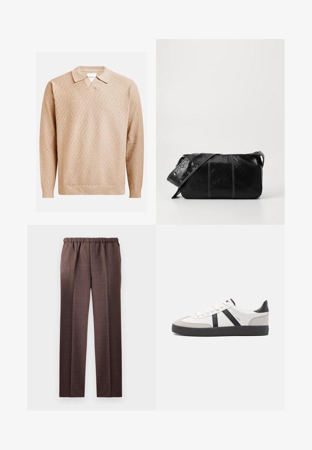 Šviesiai rudos megztos megztinio su tekstūruotu raštu, klasikine apykakle ir raukšlėtomis rankogaliais. Pagamintas iš minkštos, lengvos medžiagos.; Rudos languotus kelnes su laisvu siluetu, elastinga juosta ir lygiu tekstūra. Turi tiesias kojas ir subtilią tinklelio raštą.; Balti sportbačiai su juodais ir pilkais akcentais, pasižymintys tekstūruotu pilku pirštų dangteliu, juoda gumine padais ir plokščiomis baltomis raišteliais. Švarus dizainas, minimalistinis stilius.; Juodas odinis pečių krepšys su užtrauktuku, turintis tekstūruotą paviršių, baltą siuvinėjimą ir dirželį su sidabinėmis metalinėmis detalėmis.