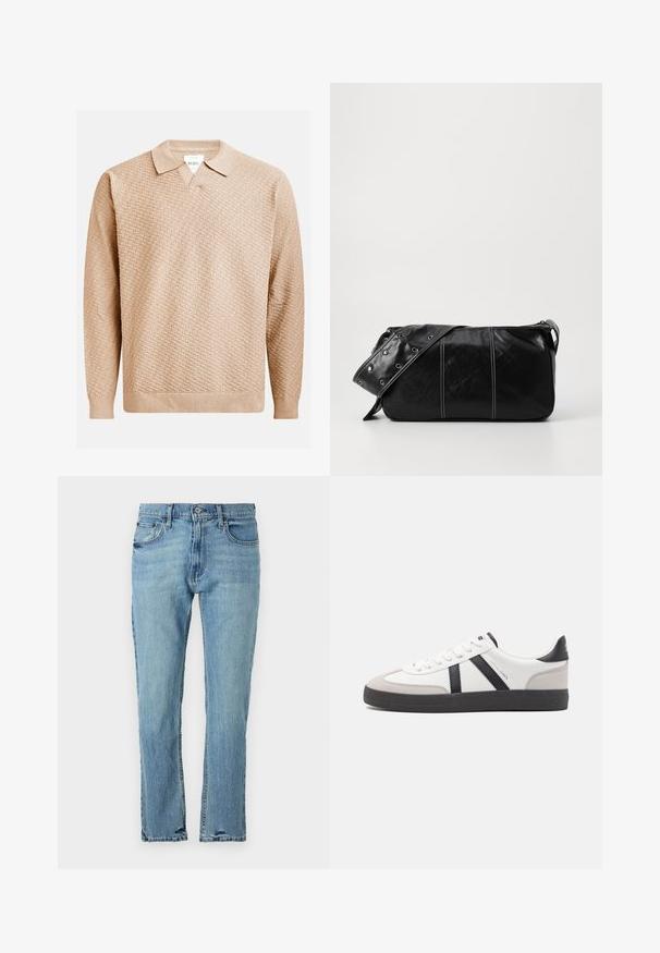 Pulover tricotat bej cu un model texturat, având un guler clasic și manșete elasticizate. Fabricat dintr-un material moale și ușor.; Hollister Co. Blugi drepți - medium wash; Sneaker alb cu accente negre și gri, având un capac de vârf gri texturat, talpă din cauciuc negru și șireturi plate albe. Design elegant, stil minimalist.; Geantă de umăr din piele neagră cu închidere cu fermoar, având un corp texturat, cusături albe și o curea cu ochiuri argintii.