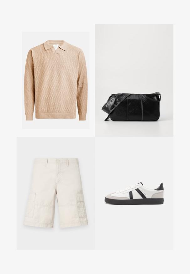 Beige stickad tröja med ett texturerat mönster, med en klassisk krage och ribbade ärmslut. Tillverkad av mjukt, lätt material.; Beiga cargo shorts gjorda av lättviktsbomull, med två sidofickor, framknäppning med knapp och sömdetaljer.; Vit sneaker med svarta och grå accenter, med en strukturerad grå tådel, svart gummisul, och platta vita skosnören. Ren design, minimalistisk stil.; Svart läder axelväska med dragkedjestängning, som har en texturerad yta, vit sömnad och ett bälte med silveröglor.
