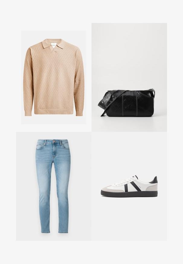Beige strikket genser med et strukturert mønster, med klassisk krage og ribbestrikkede mansjetter. Laget av mykt, lett materiale.; Lyseblå skinny jeans laget av denim, med midjehøyde, fem lommer og subtil falming på lårene. Knappelukking i midjen.; Hvite sneakers med svarte og grå detaljer, med en teksturert grå tåhette, svart gummisåle, og flate hvite lisser. Rent design, minimalistisk stil.; Svart lær skulderveske med glidelås, med teksturert overflate, hvite sømmer og en stropp med sølvringer.