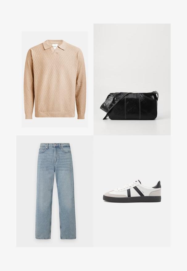 Beige strikket sweater med et struktureret mønster, der har en klassisk krave og ribbede manchetter. Fremstillet af blødt, letvægtsmateriale.; Lys blå denim jeans med høj talje, lige ben-design, fem-lommes styling og subtil falming for et slidt udseende.; Hvide sneakers med sorte og grå detaljer, med en tekstureret grå tåhætte, sort gummisål og flade hvide snørebånd. Rent design, minimalistisk stil.; Sort læder skuldertaske med lynlås, der har en tekstureret overflade, hvid syning og en rem med sølvøskner.