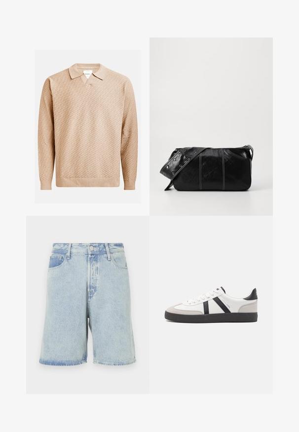 Béžový pletený svetr s texturovaným vzorem, který má klasický límec a žebrované manžety. Vyrobeno z měkkého, lehkého materiálu.; Svetle modré džíny šortky s volným střihem, s pětipocket designem, předním zapínáním na knoflík a třepenými okraji.; Bílé tenisky s černými a šedými akcenty, opatřené texturovaným šedým prstovým krytem, černou gumovou podrážkou a plochými bílými tkaničkami. Čistý design, minimalistický styl.; Černá kožená kabelka přes rameno se zapínáním na zip, s texturovaným tělem, bílým prošíváním a popruhem se stříbrnými očky.