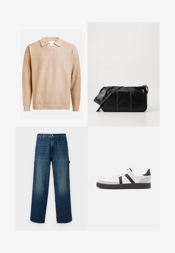 Beige gestrickter Pullover mit einem strukturierten Muster, ausgestattet mit einem klassischen Kragen und gerippten Bündchen. Hergestellt aus weichem, leichtem Material.; Weite blaue Jeanshose mit ausgewaschenen Akzenten, ausgestattet mit einem traditionellen Knopf- und Reißverschluss sowie einer seitlichen Tasche auf der linken Seite.; Weiße Sneaker mit schwarz- und grau-aczenten, ausgestattet mit einer strukturierten grauen Zehenkappe, schwarzer Gummi-Sohle und flachen weißen Schnürsenkeln. Sauberes Design, minimalistische Stil.; Schwarze Leder Schultertasche mit Reißverschluss, ausgestattet mit einer strukturierten Oberfläche, weißen Nähten und einem Tragegurt mit silbernen Ösen.