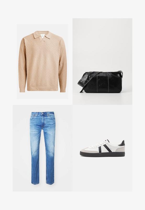 Béžový pletený sveter s textúrovaným vzorom, s klasickým golierom a rebrovanými manžetami. Vyrobený z jemného, ľahkého materiálu.; Levi's® 511® SLIM - Slimfit džínsy - always adapt; Biele tenisky s čiernymi a šedými akcentmi, s textúrovanou šedou špičkou, čiernou gumovou podrážkou a plochými bielymi šnúrkami. Čistý dizajn, minimalistický štýl.; Čierna kožená kabelka cez plece so zipsovým uzáverom, so štruktúrovaným telom, bielym prešívaním a popruhom so striebornými očkami.