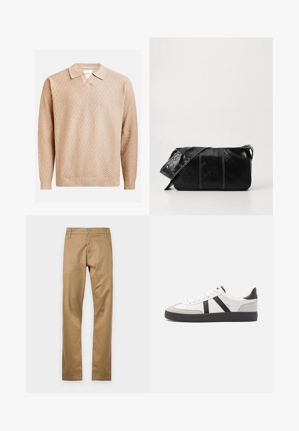 Beige kötött pulóver texturált mintával, klasszikus gallérral és bordázott mandzsettával. Puha, könnyű anyagból készült.; Sima anyagú, egyenes szárú, bézs vászont nadrág, elülső gombos zárral, övhurkokkal és oldalsó zsebekkel.; Fehér sneaker fekete és szürke részletekkel, textúrált szürke orr résszel, fekete gumitalppal és lapos fehér fűzőkkel. Tiszta dizájn, minimalista stílus.; Fekete bőr válltáska, cipzárral zárva, texturált felülettel, fehér varrással és ezüst fémgyűrűs pánttal.