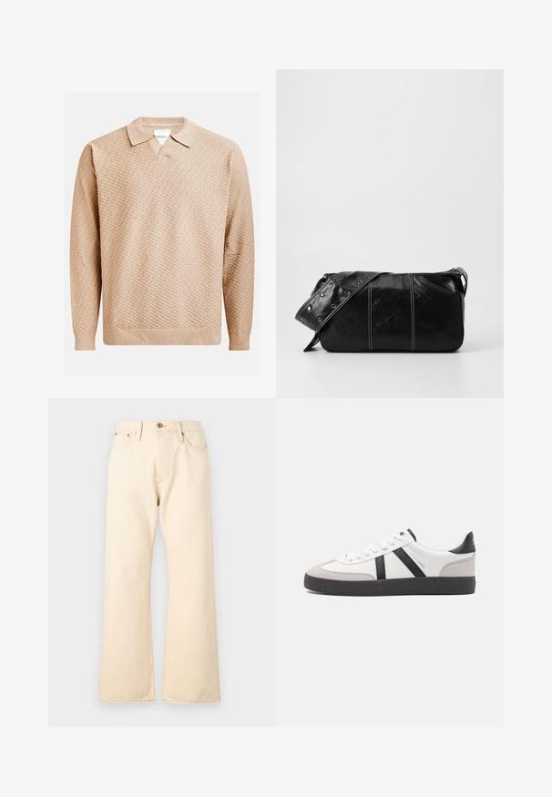 Beżowy sweter dzianinowy o teksturowanym wzorze, z klasycznym kołnierzykiem i ściągaczami na rękawach. Wykonany z miękkiego, lekkiego materiału.; Beżowe dżinsy z wysokim stanem o szerokim kroju, wykonane z denimu, z zapięciem na guziki z przodu i dwiema tylnymi kieszeniami.; Białe sneakersy z czarnymi i szarymi akcentami, z teksturowanym szarym czubkiem, czarną gumową podeszwą i płaskimi białymi sznurowadłami. Czysty design, minimalistyczny styl.; Czarna skórzana torba na ramię z zamkiem błyskawicznym, charakteryzująca się teksturowanym korpusem, białymi przeszyciami oraz paskiem z srebrnymi osłonkami.