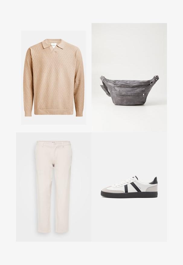 Beige gebreide trui met een gestructureerd patroon, voorzien van een klassieke kraag en ribgebreide manchetten. Gemaakt van zacht, lichtgewicht materiaal.; Beige katoenen broeken met een rechte pasvorm, voorzien van een knoopsluiting, riemlussen en zonder zichtbare patronen of texturen.; Witte sneaker met zwarte en grijze accenten, voorzien van een grijze neus met textuur, zwarte rubberen zool en platte witte veters. Schoon ontwerp, minimalistische stijl.; Grijze suède heuptas met een ronde vorm, twee met rits afgesloten compartimenten en een verstelbare band. Voorzien van metalen accenten.