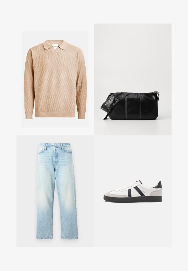 Beesvärviline kudumisjakker, millel on tekstuuriline muster, klassikaline krae ja ribadest mansetid. Valmistatud pehmest ja kergest materjalist.; Heledad sinise denim teksad sirge jala kujundusega, kulunud viimistluse ja nähtava õmblusega. Omab klassikalist nööbi ja tõmbluku sulgemist.; Valged tossud mustade ja hallide aktsentidega, tekstureeritud halli varbakattega, musta kummitald ja lamedad valged paelad. Puhtad jooned, minimalistlik stiil.; Must mustra nahkainine õlakott, millel on tõmblukk, tekstureeritud pind, valged õmblused ja rihm hõbedaste rõngastega.