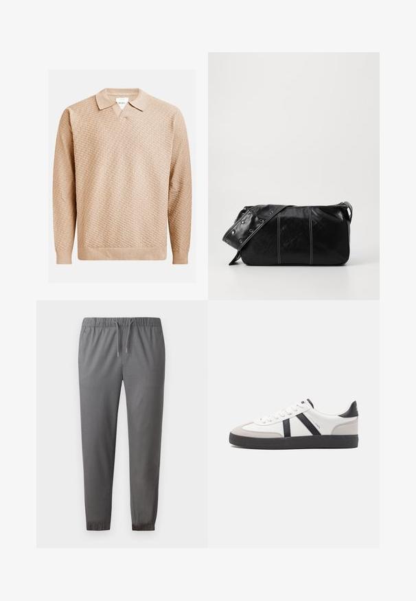 Béžový pletený svetr s texturovaným vzorem, který má klasický límec a žebrované manžety. Vyrobeno z měkkého, lehkého materiálu.; Šedé tepláky vyrobené z měkké látky, s elastickým pasem na šňůrku, zakončené manžetami a hladkým povrchem.; Bílé tenisky s černými a šedými akcenty, opatřené texturovaným šedým prstovým krytem, černou gumovou podrážkou a plochými bílými tkaničkami. Čistý design, minimalistický styl.; Černá kožená kabelka přes rameno se zapínáním na zip, s texturovaným tělem, bílým prošíváním a popruhem se stříbrnými očky.