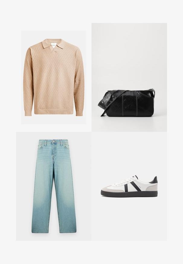 Beige knitted sweater with a textured pattern, featuring a classic collar and ribbed cuffs. Made from soft, lightweight material.; Light blue wide-leg jeans made of denim with a faded wash. Features a front button closure and five pocket design.; White sneaker with black and gray accents, featuring a textured gray toe cap, black rubber sole, and flat white laces. Clean design, minimalist style.; Black leather shoulder bag with a zip closure, featuring a textured body, white stitching, and a strap with silver grommets.