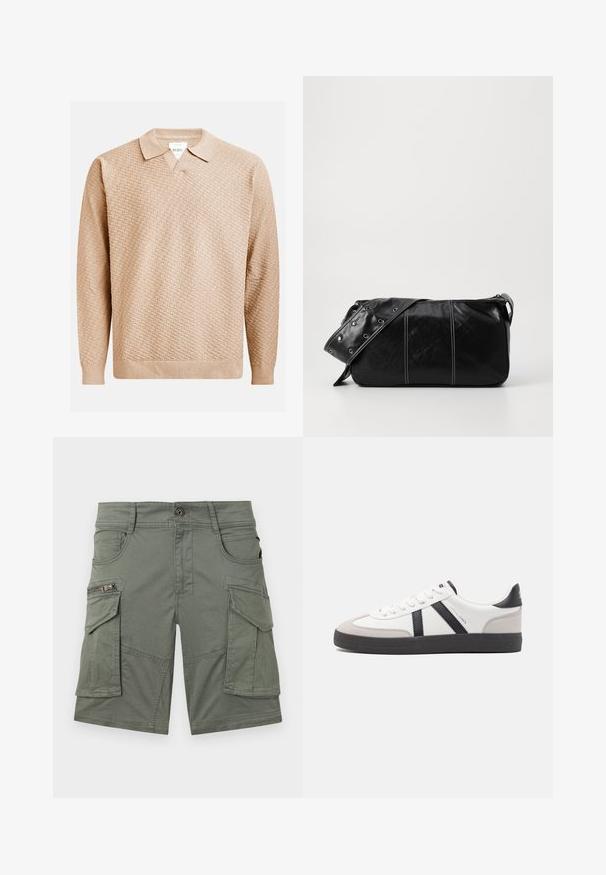 Šviesiai rudos megztos megztinio su tekstūruotu raštu, klasikine apykakle ir raukšlėtomis rankogaliais. Pagamintas iš minkštos, lengvos medžiagos.; Alkoholio žalios spalvos cargo šortai pagaminti iš medvilnės mišinio. Turėkite kelis kišenes, įskaitant užtrauktuko kišenę, ir tvirtus siuvimo detalėmis.; Balti sportbačiai su juodais ir pilkais akcentais, pasižymintys tekstūruotu pilku pirštų dangteliu, juoda gumine padais ir plokščiomis baltomis raišteliais. Švarus dizainas, minimalistinis stilius.; Juodas odinis pečių krepšys su užtrauktuku, turintis tekstūruotą paviršių, baltą siuvinėjimą ir dirželį su sidabinėmis metalinėmis detalėmis.