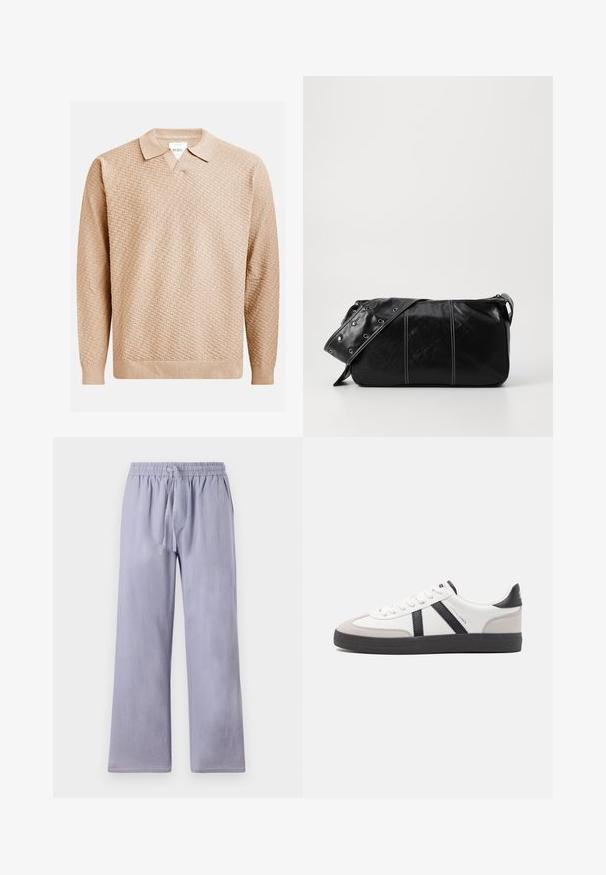 Beige gestrickter Pullover mit einem strukturierten Muster, ausgestattet mit einem klassischen Kragen und gerippten Bündchen. Hergestellt aus weichem, leichtem Material.; Helle lila, locker sitzende Hose mit weitem Bein, aus weichem Stoff. Merkmale sind ein elastischer Bund und eine Kordel zum Verstellen der Passform.; Weiße Sneaker mit schwarz- und grau-aczenten, ausgestattet mit einer strukturierten grauen Zehenkappe, schwarzer Gummi-Sohle und flachen weißen Schnürsenkeln. Sauberes Design, minimalistische Stil.; Schwarze Leder Schultertasche mit Reißverschluss, ausgestattet mit einer strukturierten Oberfläche, weißen Nähten und einem Tragegurt mit silbernen Ösen.